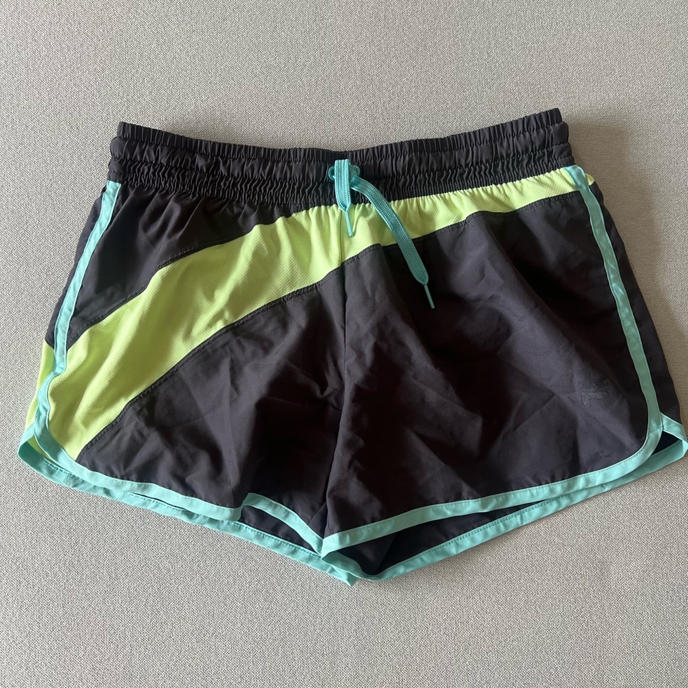 Women’s Gray Fila Athletic Running Shorts with Light Blue and Green Detail